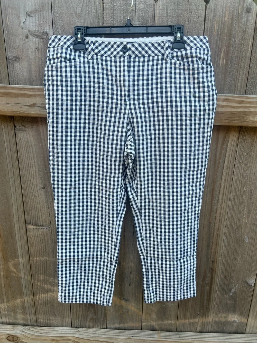 Lands' End Navy Gingham Seersucker Cropped Straight Leg Pants Size 12